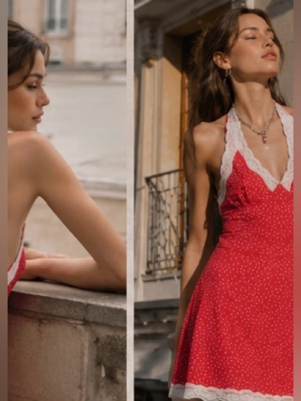 Red Backless Halter Dress with White Lace Trim